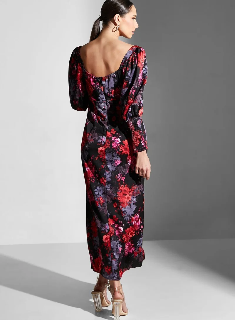 Chi-Chi London Puff Sleeve Front Slit Floral Dress