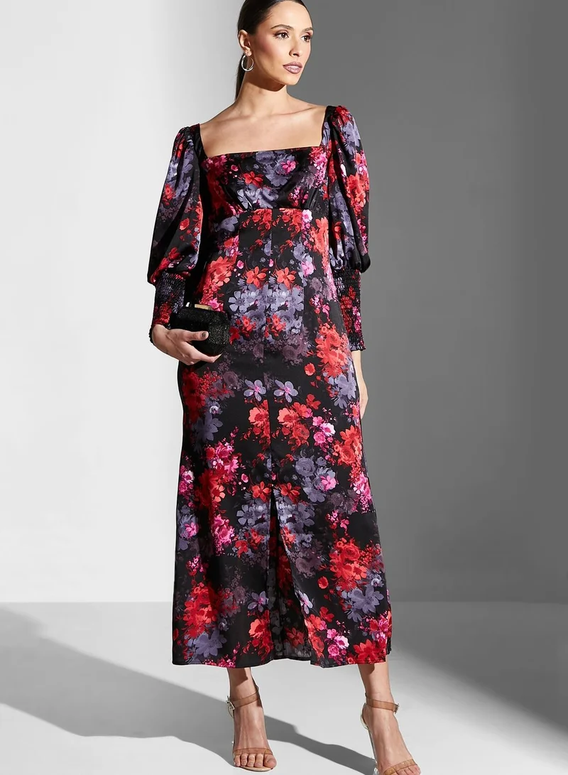 Chi-Chi London Puff Sleeve Front Slit Floral Dress