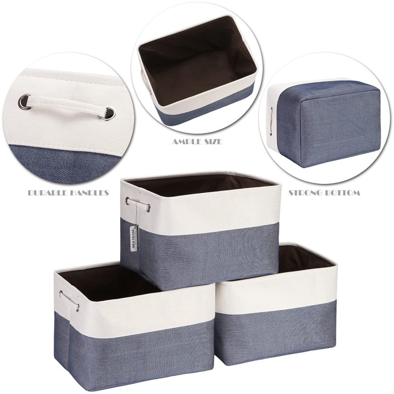 Sea Team 3-Pack Large Storage Basket Set, Trunk Organizer, Clothes Toys Bin, 15 x 10 x 10 Inches, Big Rectangular Canvas Fabric Collapsible Shelf Box with Handles for Kids Room (Denim/White) - Image 3