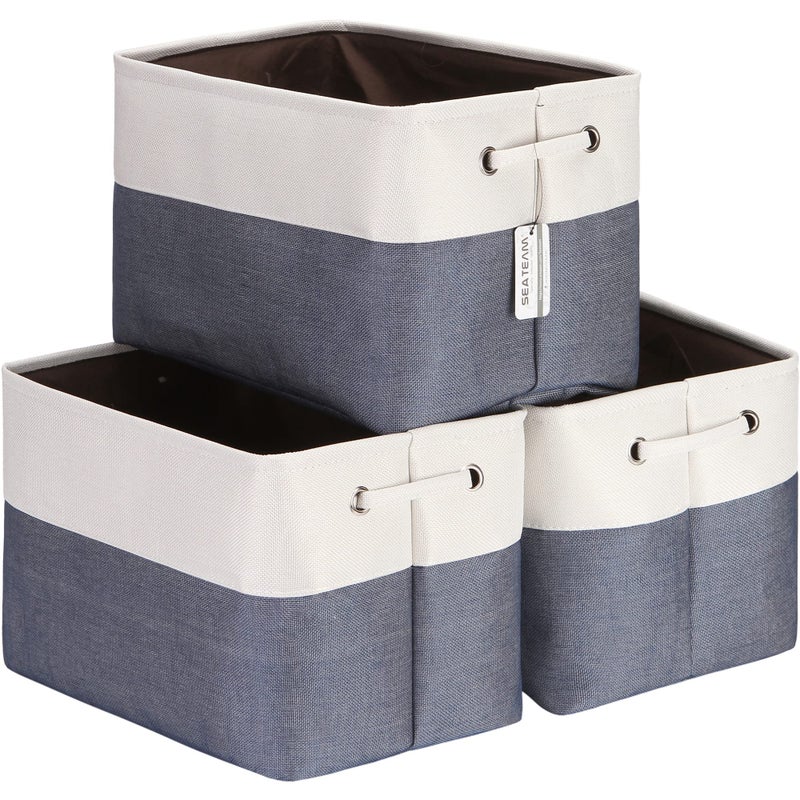 Sea Team 3-Pack Large Storage Basket Set, Trunk Organizer, Clothes Toys Bin, 15 x 10 x 10 Inches, Big Rectangular Canvas Fabric Collapsible Shelf Box with Handles for Kids Room (Denim/White) - Image 1