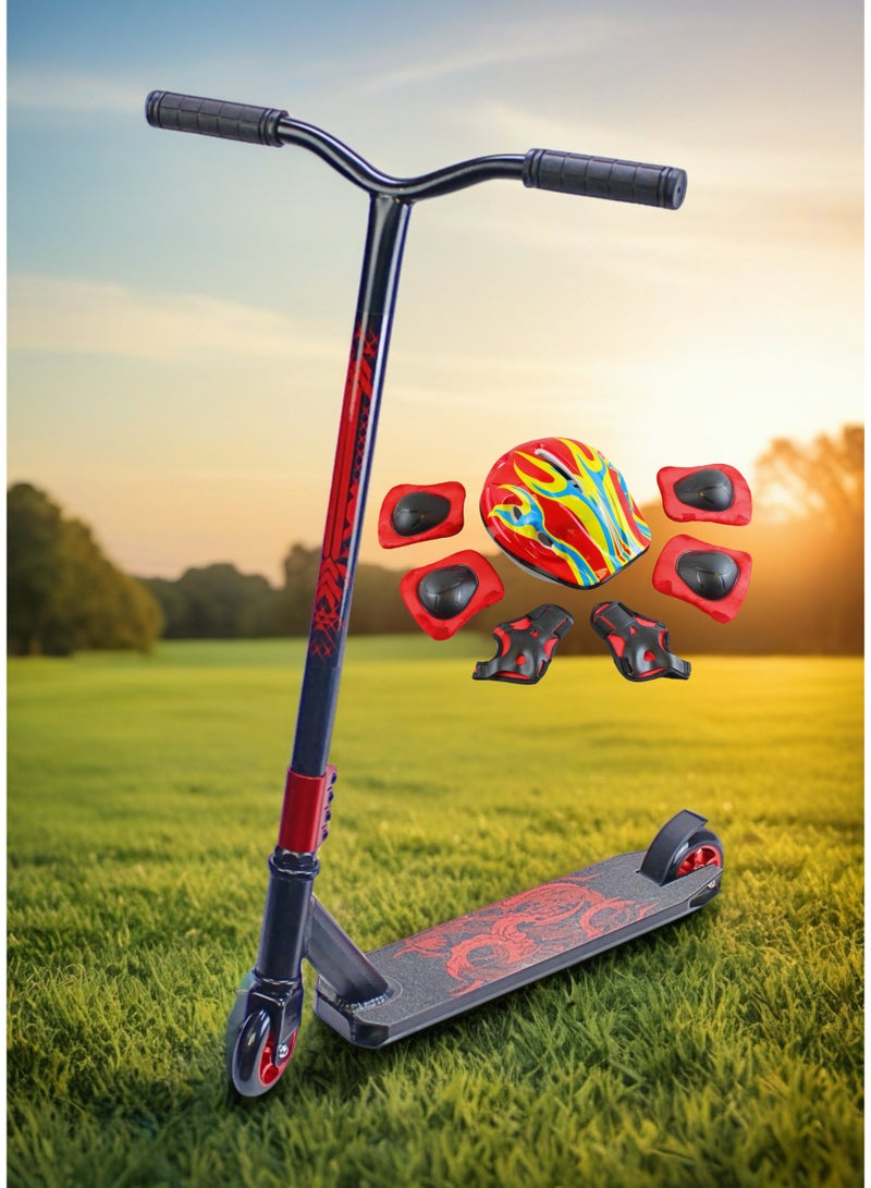 EASY FUTURE 2 Wheels Stunt Scooter  Pro Trick Scooter with Aluminium Deck & Grip Tape, 110 mm Alloy Wheels, Wide T-Bar Handlebars, Steel Brake, Lightweight 360° Stunts for Beginners & Intermediates Including Full Protective Gear Set - Image 1