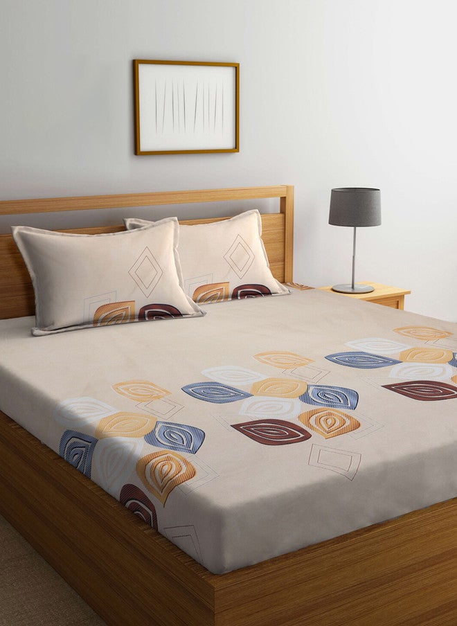 Arrabi Cream Leaf Cotton 300 TC Fitted King Fine Bedsheet with 2 Pillow Covers - Image 1