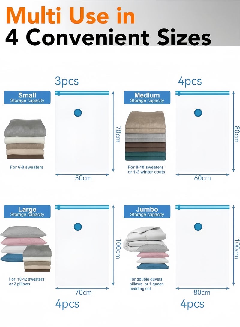 15 Pack Plastic Vacuum Seal Bag Vacuum Storage Bag with Pump, (4 Jumbo, 4 Large, 4 Medium, 3 Small) Vacuum Seal Storage Bags, Reusable Vacuum Bags for Clothes, Mattress, Blanket, Duvets, Pillows, Comforters, Quilt, Travel - Image 3