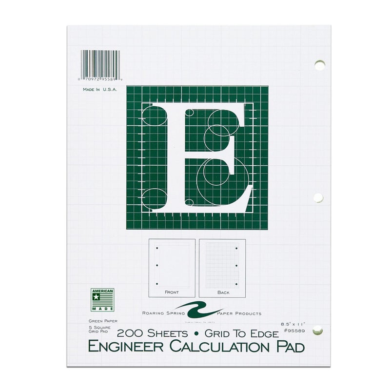 ROARING SPRING Engineering Pad 85 x 11 200 Sheets 15lb Green Paper 5x5 Printed Back GridtoEdge Top Glued 3Hole Punched Proudly Made in USA Heavy Backing Board