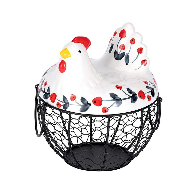 oskas Kitchen Storage Metal Wire Egg Basket with Ceramic Farm Chicken Cover Fresh Egg HolderOrganizer CaseContainer 