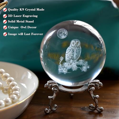 QIANCHANG 3D Owl Crystal Ball with Stand, Night Owl Figurines Glass Globe Home Decor Gifts for Women Mom(60mm) - Image 2
