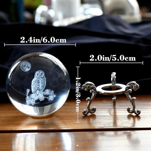 QIANCHANG 3D Owl Crystal Ball with Stand, Night Owl Figurines Glass Globe Home Decor Gifts for Women Mom(60mm) - Image 4