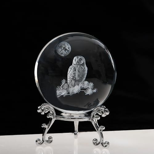 QIANCHANG 3D Owl Crystal Ball with Stand, Night Owl Figurines Glass Globe Home Decor Gifts for Women Mom(60mm) - Image 1