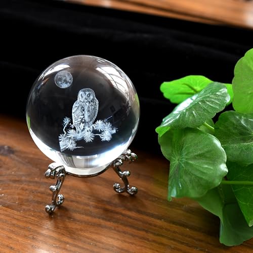 QIANCHANG 3D Owl Crystal Ball with Stand, Night Owl Figurines Glass Globe Home Decor Gifts for Women Mom(60mm) - Image 5