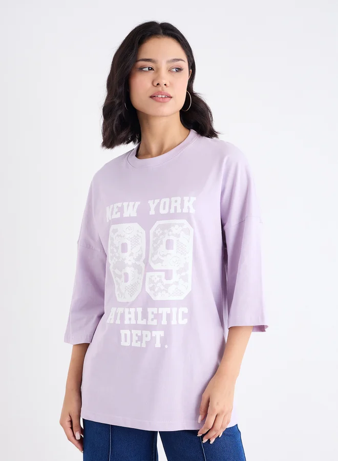 ستايلي Styli Women Lilac Graphic Oversized T-Shirt with Dropped Shoulder