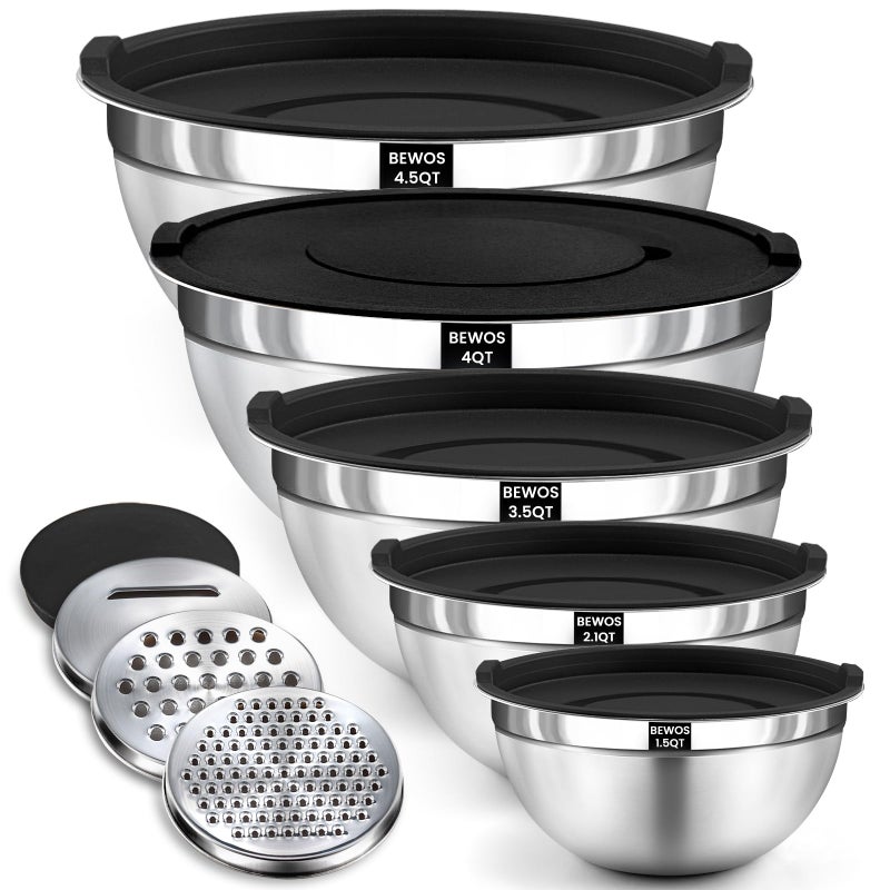 BEWOS Mixing Bowls with Lids Set - 5 Pcs Stainless Steel Mixing Bowls With 3 Grater Attachments, Size 4.5, 4, 3.5, 2.1, 1.5QT Metal Bowls for Baking and Serving (Black) - Image 1