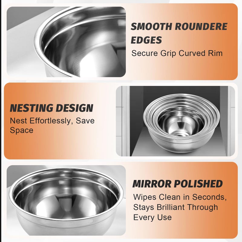 BEWOS Mixing Bowls with Lids Set - 5 Pcs Stainless Steel Mixing Bowls With 3 Grater Attachments, Size 4.5, 4, 3.5, 2.1, 1.5QT Metal Bowls for Baking and Serving (Black) - Image 5