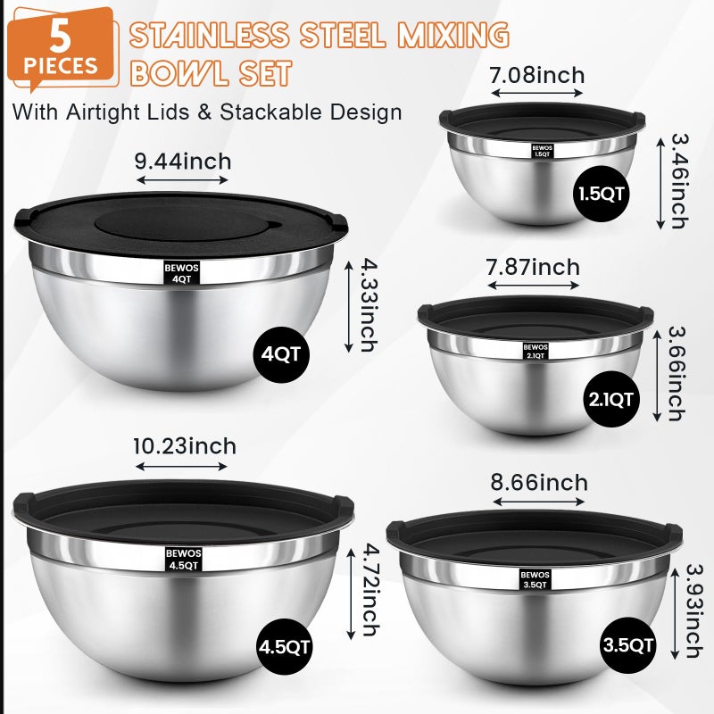 BEWOS Mixing Bowls with Lids Set - 5 Pcs Stainless Steel Mixing Bowls With 3 Grater Attachments, Size 4.5, 4, 3.5, 2.1, 1.5QT Metal Bowls for Baking and Serving (Black) - Image 2