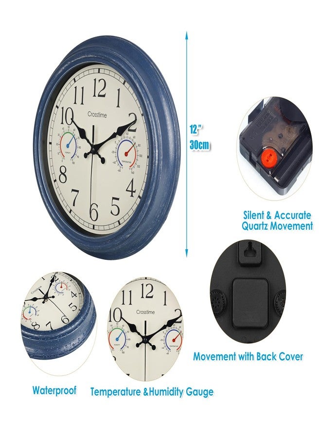 Crosstime Outdoor Clock with Thermometer and Hygrometer Combo, Rustic Vintage Waterproof Indoor Outdoor Wall Clocks for Patio Pool Garden Home Decor- 12 Inch Blue - Image 3