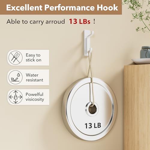 pickpiff Wall Hooks for Coat and Towel: 13LB Adhesive Door Hanger Stick on, White 6 Pack - Image 2