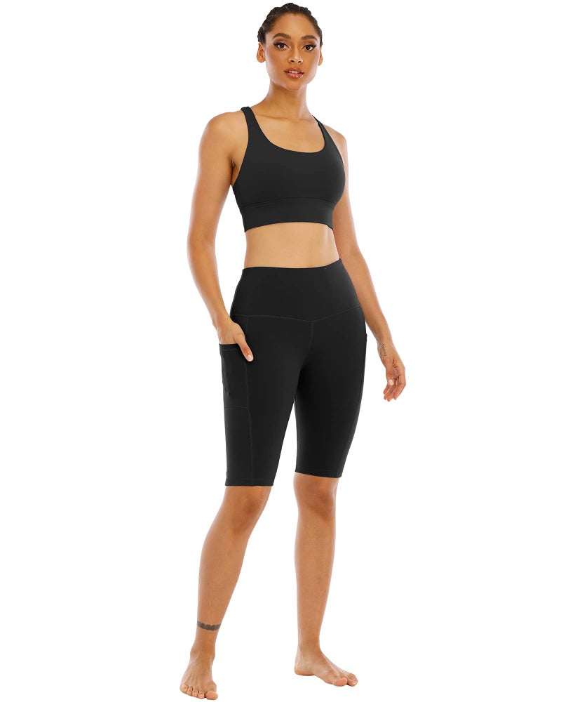 WHOUARE 4 Pack Biker Yoga Shorts with Pockets for Women,High Waisted Athletic Running Workout Gym Shorts Tummy Control,Black,Red Bean Paste,Gray Blue,White,L - Image 5