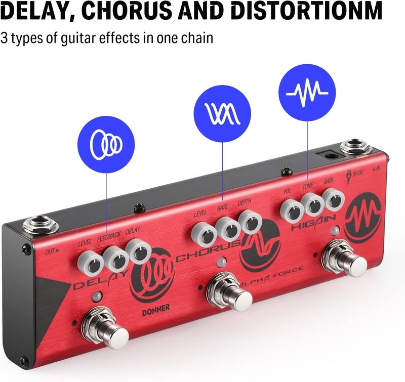 Donner Multi Guitar Effect Pedal Alpha Force 3 in 1 Effects Delay Chorus High Gain Distortion Pedal with Adapter - Image 2