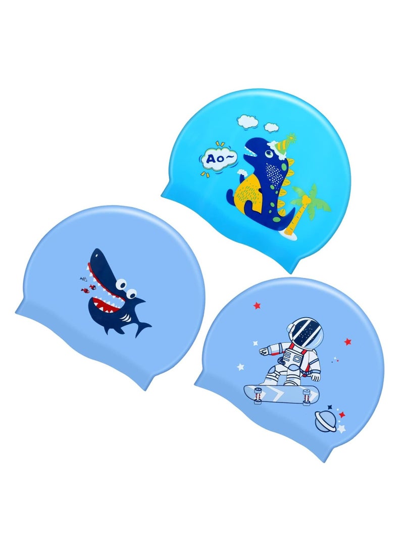 KASTWAVE 3 Pieces Kids Swim Caps, Baby Waterproof Bathing Caps, Silicone Swim Cap for Boys Girls Baby Cartoon Hats - Image 1