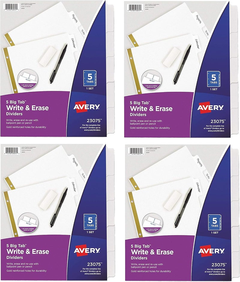 AVERY 23075 Write & Erase Big Tab Paper Dividers, 5-Tab, White, Letter, Pack of 4 - Image 1