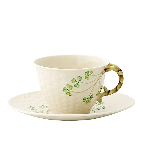 Belleek طقم فنجان وش saucer من بيلليك الكلاسيكي - مجموعة يدوية إيرلندية من الصين الرفيعة - فنجان وش saucer مستوحى من الطراز العتيق - طقم شاي من الخزف آمن للاستخدام في الميكروويف - 6 أونصات سائلة - Image 1