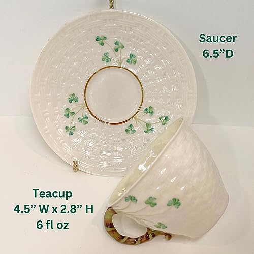 Belleek طقم فنجان وش saucer من بيلليك الكلاسيكي - مجموعة يدوية إيرلندية من الصين الرفيعة - فنجان وش saucer مستوحى من الطراز العتيق - طقم شاي من الخزف آمن للاستخدام في الميكروويف - 6 أونصات سائلة - Image 2