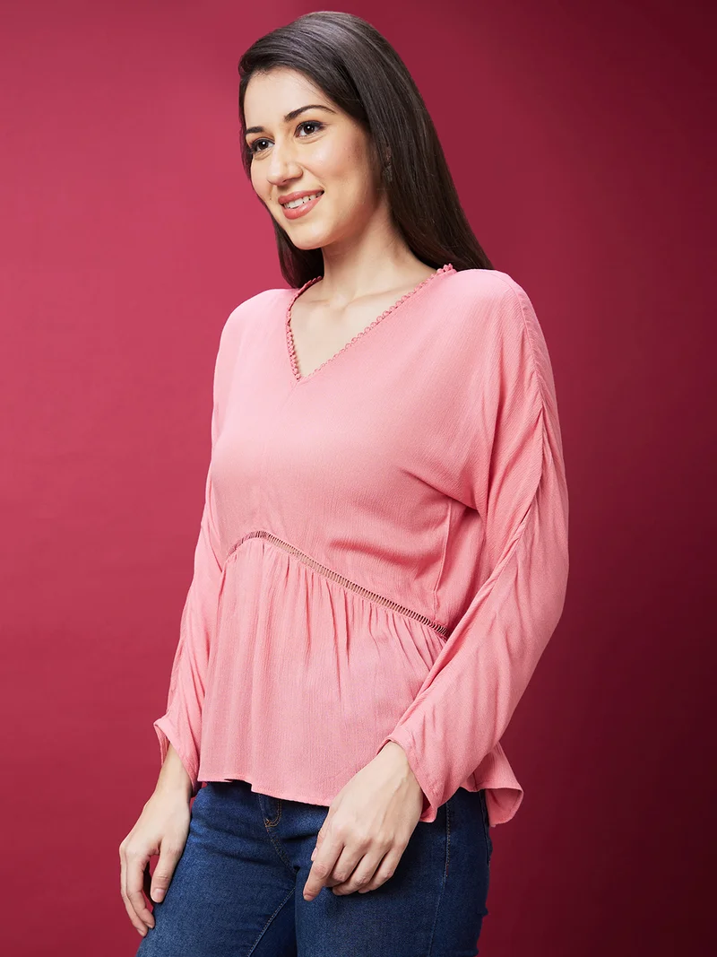 globus Women V-Neck Puff Sleeves Gathered Empire Top