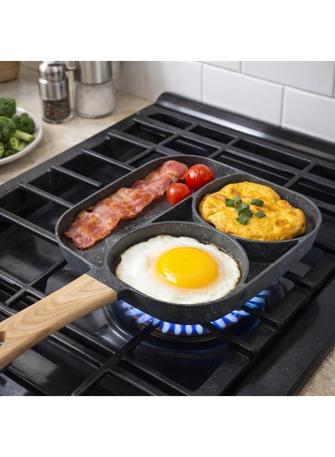 CHICIRIS Fried Egg Pan, Divided Egg Skillet 3 Section Egg Frying Pan 3 in 1 Nonstick Pancake Pan with Wooden Handle for Gas Stove Induction Cooker (Black) - Image 3