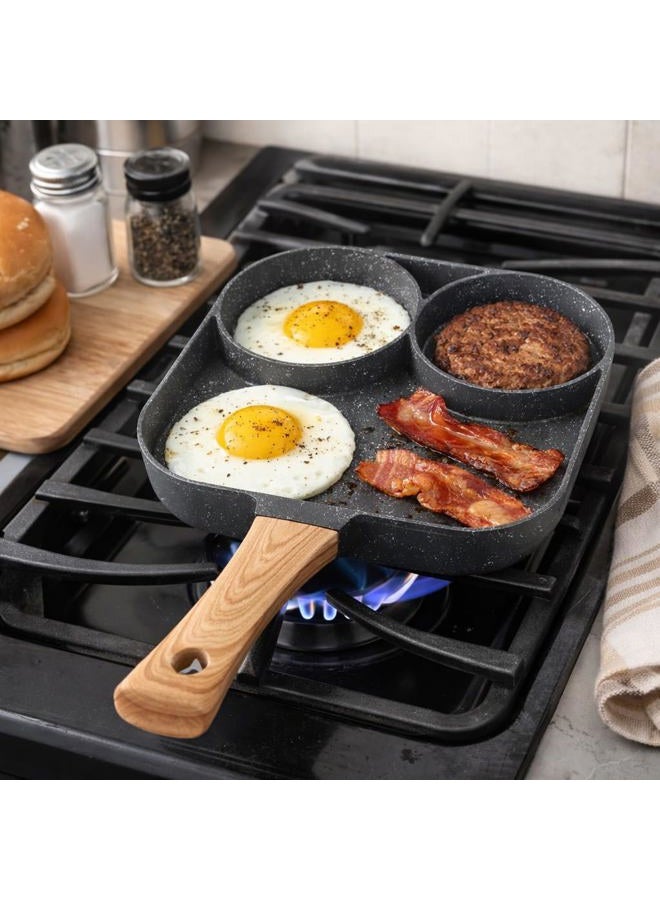 CHICIRIS Fried Egg Pan, Divided Egg Skillet 3 Section Egg Frying Pan 3 in 1 Nonstick Pancake Pan with Wooden Handle for Gas Stove Induction Cooker (Black) - Image 2