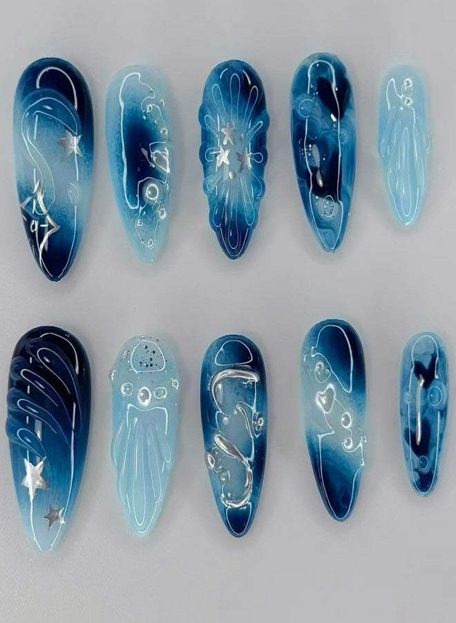 Blue Press On Nails Medium Artificial Almond Acrylic Fake Nails 3D Ripple Star Moon With Rhinestones Pearl Stick On Nail Full Cover Reusable Coffin Artificial Fingernails For Women Manicure 24Pcs