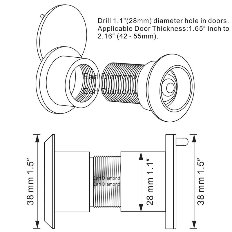 Earl Diamond - Solid Brass Door Viewer Peephole, 220-Degree Security Peephole with Heavy Duty Rotating Privacy Cover for 1-21/32" to 2-1/8" Doors for Home Office Hotel - Modern Black Finish - Image 2