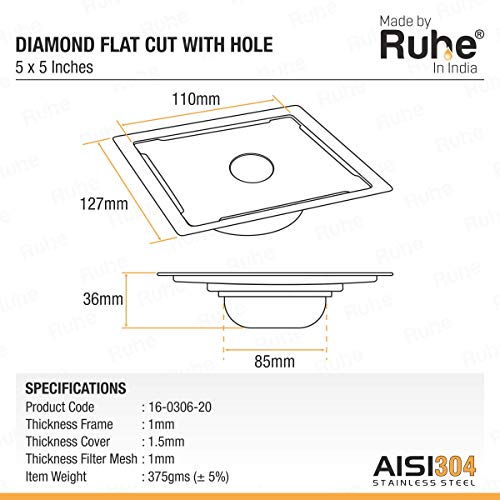 Ruhe® Floor Drain Trap/Jali | 304 Grade Stainless Steel Diamond Floor Drain/Jali Square with Trap Set of 2 (with Hole) (5 x 5 inches) - Image 2