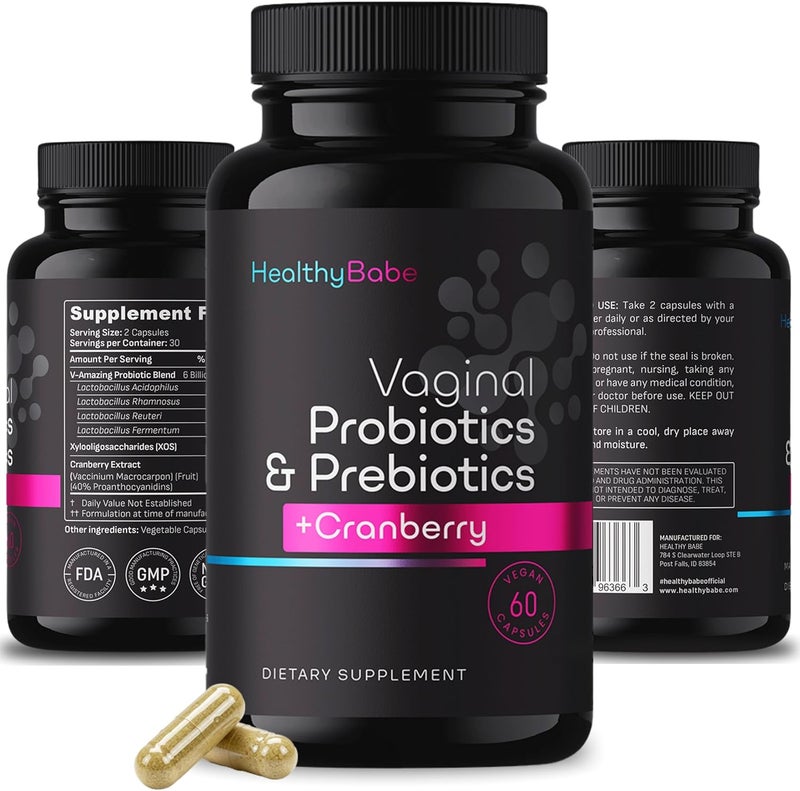 Healthy Babe Vaginal Probiotics for Women  Prebiotics  Cranberry Pills pH Balance Healthy Odor Yeast Immune Support Positive Microbiome Health Womens Acidophilus Probiotic 60 Vegan Capsules - Image 1