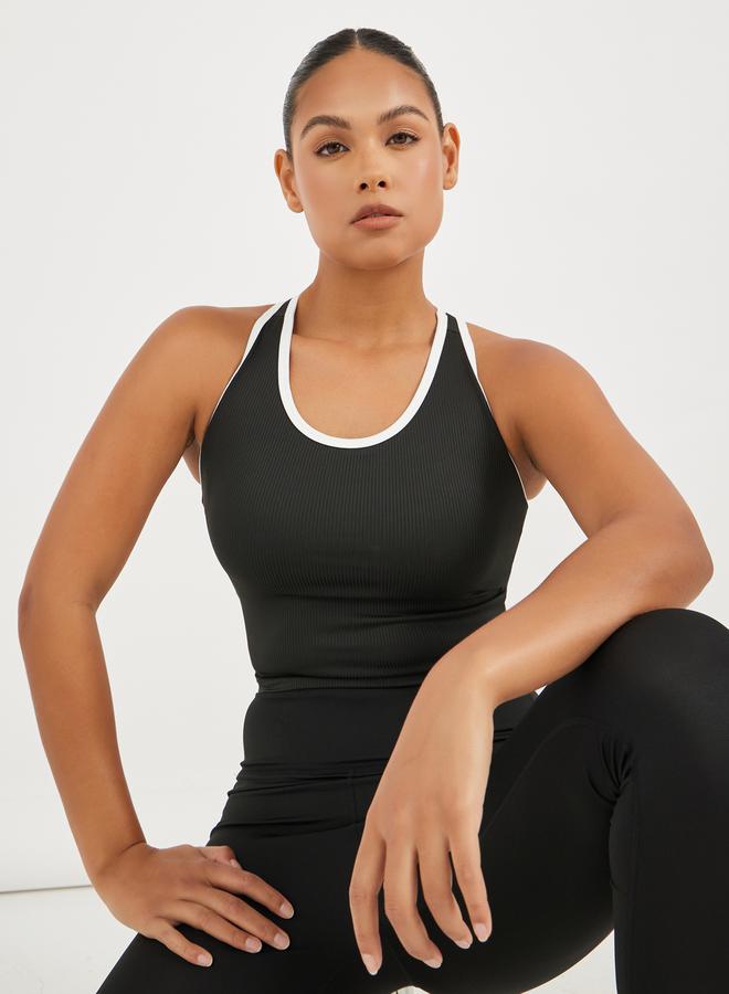 Styli Ribbed Racerback Longline Sports Bra with Contrast Piping - Image 1