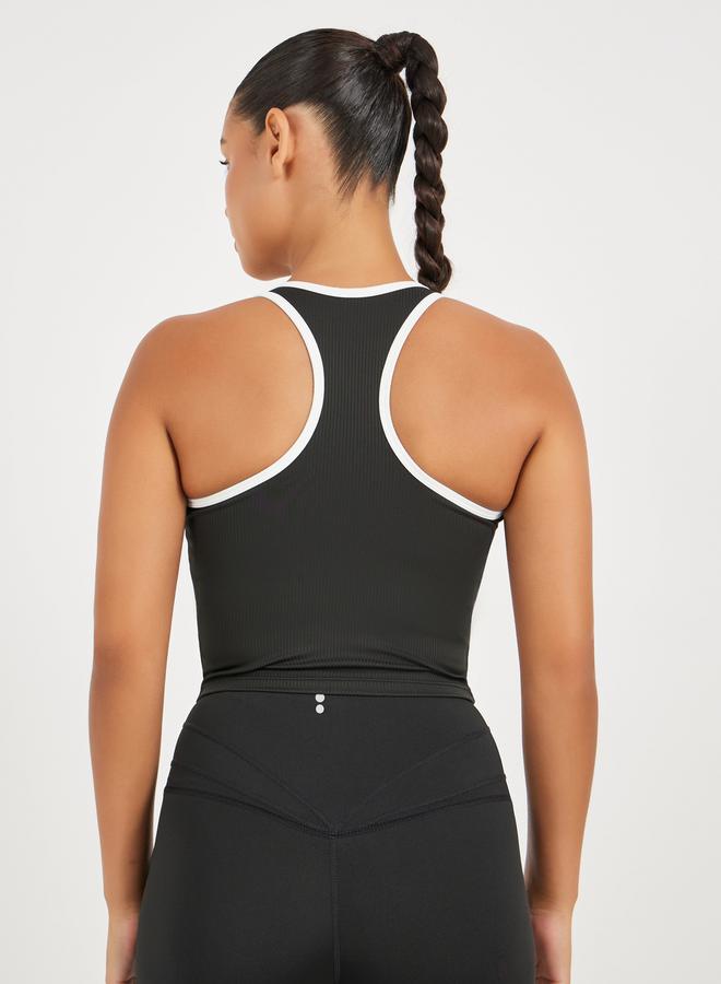 Styli Ribbed Racerback Longline Sports Bra with Contrast Piping - Image 5
