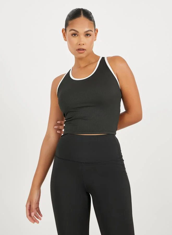 Styli Ribbed Racerback Longline Sports Bra with Contrast Piping