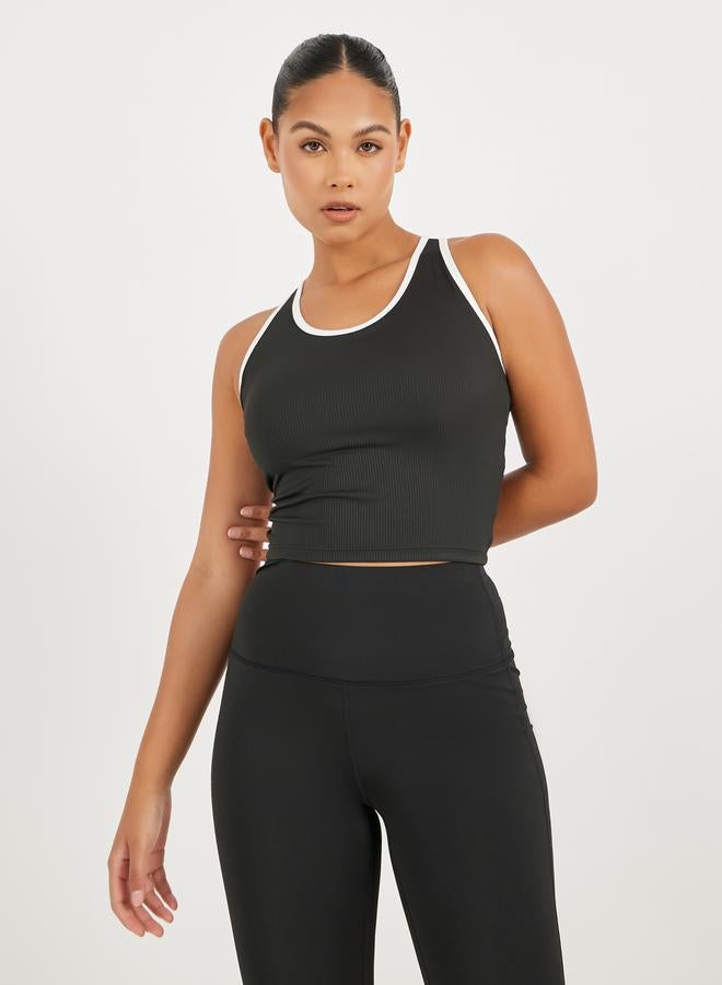 Styli Ribbed Racerback Longline Sports Bra with Contrast Piping - Image 3