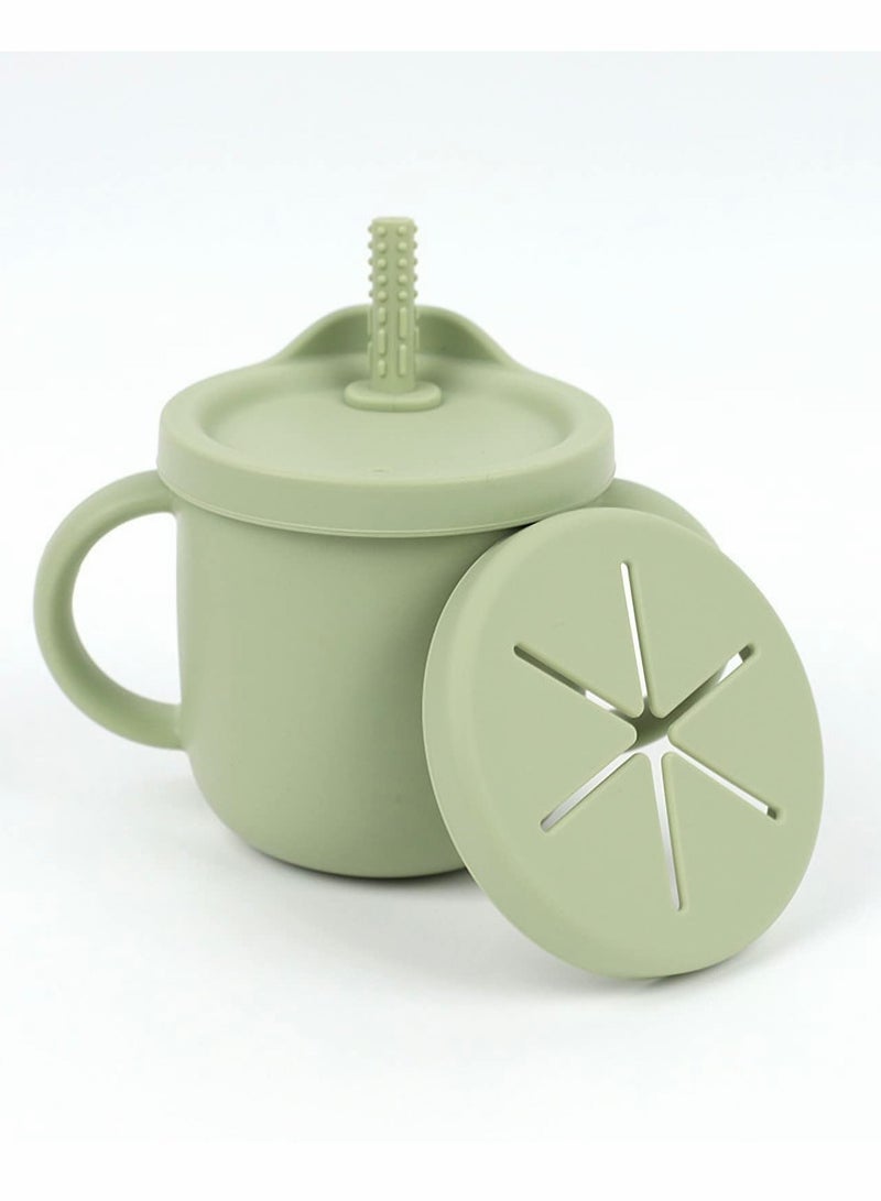 KASTWAVE Toddler Sippy Cup with Lid, Kids Snack Container 2-in-1, Silicone Snack Catcher with Removable Scale, Kids Water Bottle with Straw 8.5 oz (Olive Green) - Image 1