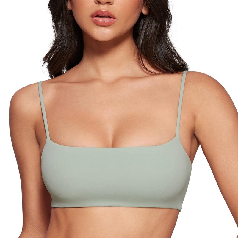 INGIA Women's Square Neck Sports Bra Spaghetti Strap Padded Cami Yoga Wireless Square Back Workout Bra Crop Top Mineral Small - Image 1