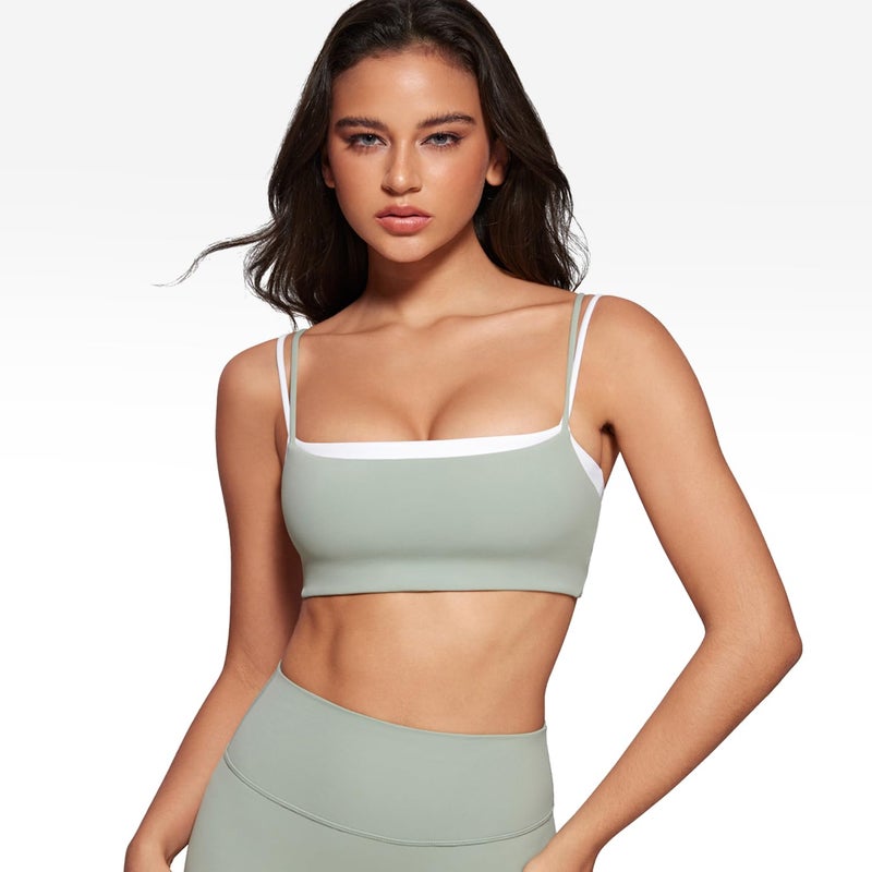 INGIA Women's Square Neck Sports Bra Spaghetti Strap Padded Cami Yoga Wireless Square Back Workout Bra Crop Top Mineral Small - Image 5