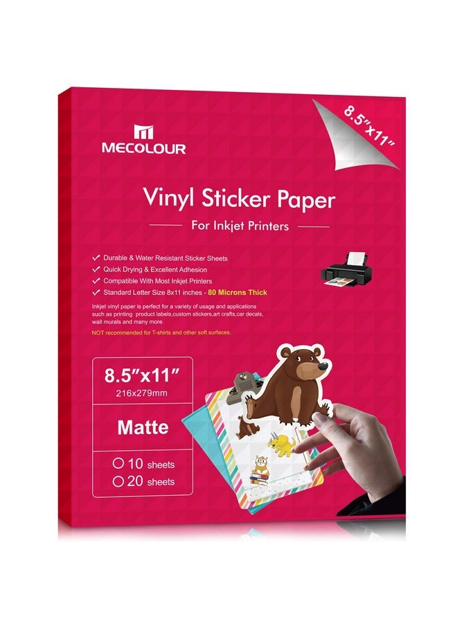 MECOLOUR - Printable Matte White Sticker Paper Vinyl For Inkjet Printer & Laser Printer 8.5"X11" Waterproof Decal Paper 20 Sheets - Image 1