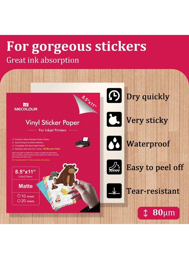 MECOLOUR - Printable Matte White Sticker Paper Vinyl For Inkjet Printer & Laser Printer 8.5"X11" Waterproof Decal Paper 20 Sheets - Image 1