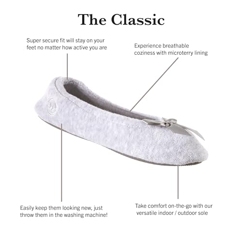 isotoner Women's Indoor/Outdoor Classic Terry Ballerina Slippers with Non-slip Sole, Heather Grey, 8-9 - Image 2