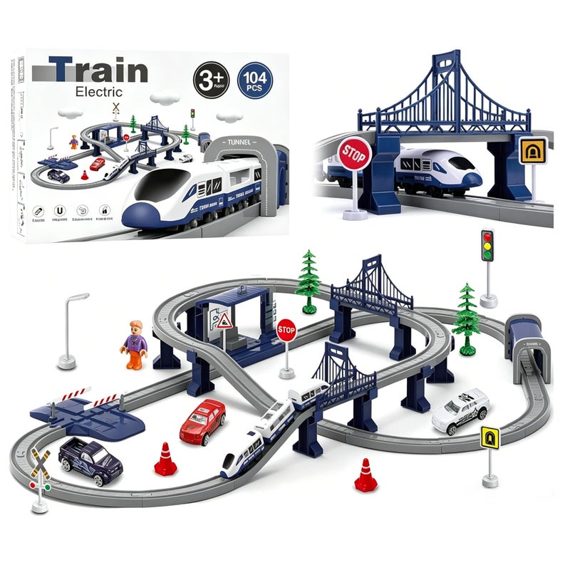 Wdmiya Train Sets for Boys 47 104 Pcs Battery Operated Train Set with TracksMagnetic Connection Compatible with Thomas Brio Chuggington Gifts for 3 4 5 6 Years Old City Blue 104 Pcs - Image 3