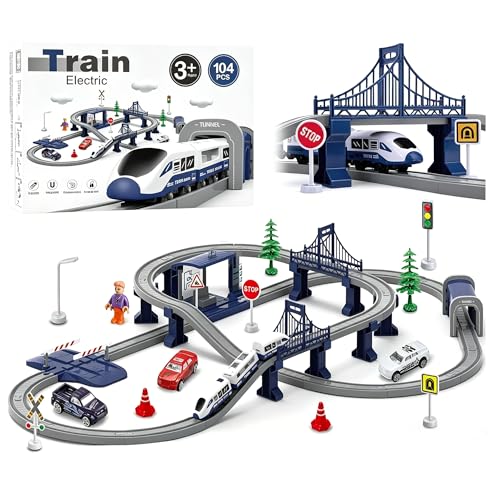 Wdmiya Train Sets for Boys 47 104 Pcs Battery Operated Train Set with TracksMagnetic Connection Compatible with Thomas Brio Chuggington Gifts for 3 4 5 6 Years Old City Blue 104 Pcs - Image 1