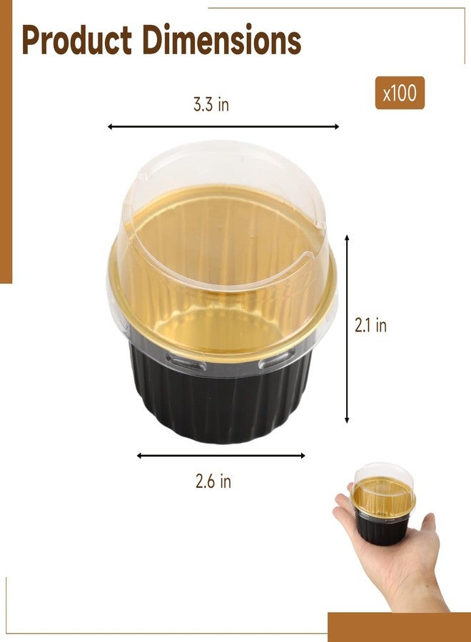 DORMIYA Disposable Ramekins with Lids, 100 Pcs 4.2 oz Aluminum Foil Baking Cups Containers for Cake, Dessert, Muffin, Cupcake, 3.3 x 2.1 in, Black Gold - Image 2