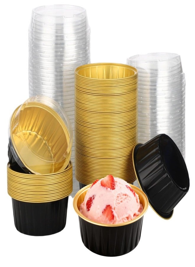 DORMIYA Disposable Ramekins with Lids, 100 Pcs 4.2 oz Aluminum Foil Baking Cups Containers for Cake, Dessert, Muffin, Cupcake, 3.3 x 2.1 in, Black Gold - Image 1