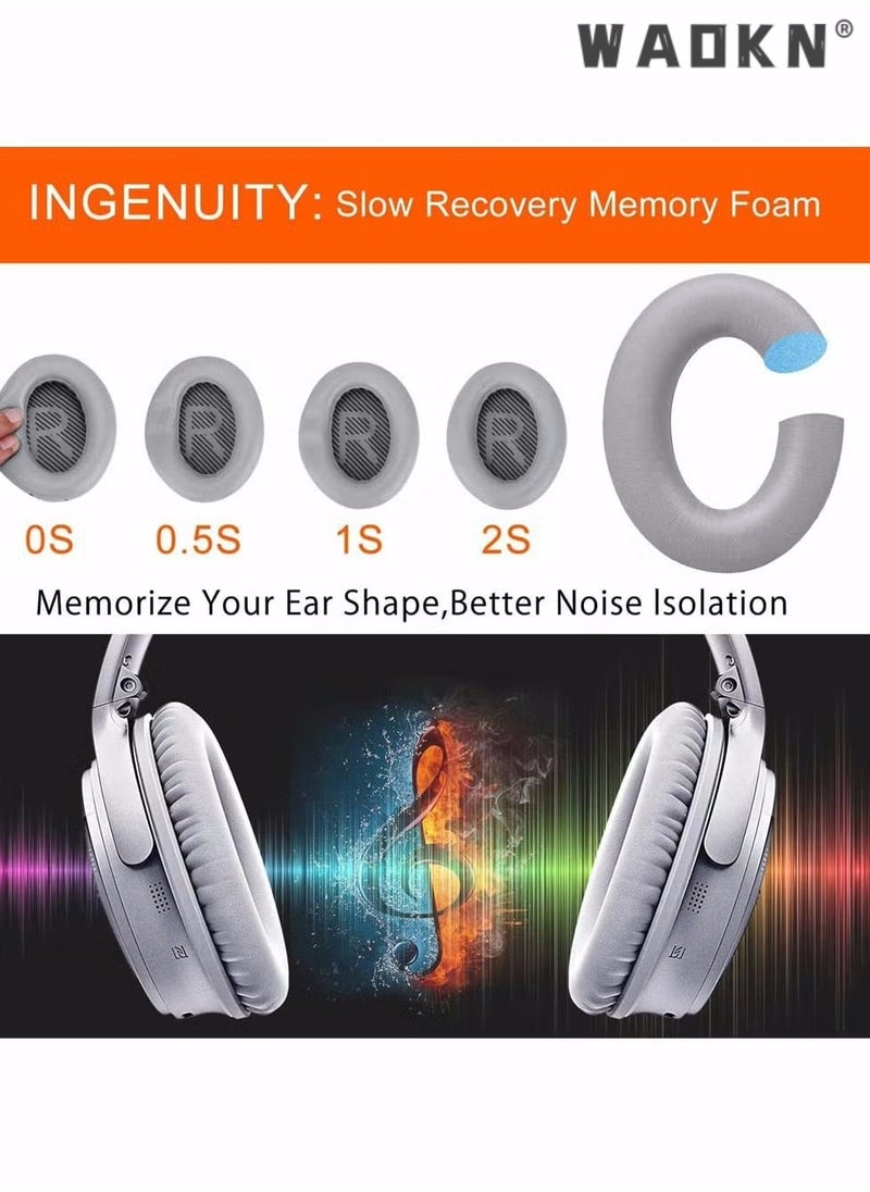 WAOKN Cushions Bose Replacement Ear Pads Kit, Professional Replacement Earpads Cushions for QC35, QC35ii Headphones, Ear Pads with Softer Leather, Noise Isolation Foam, Added Thickness (Grey)  - Image 2
