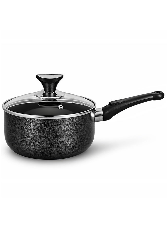 SONEX Non-Stick Royal Saucepan – 16 cm (1.5 Ltr) – Premium Aluminum, Tempered Glass Lid, Heat-Resistant Bakelite Handle & Knob, Hard Enamel Exterior, Durable & Dishwasher Safe - Image 1