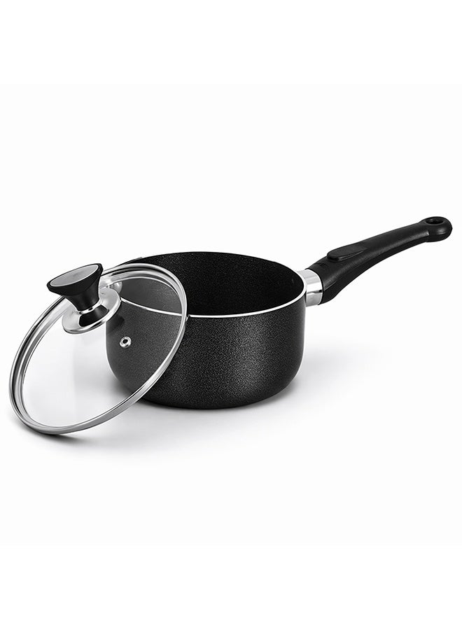 SONEX Non-Stick Royal Saucepan – 16 cm (1.5 Ltr) – Premium Aluminum, Tempered Glass Lid, Heat-Resistant Bakelite Handle & Knob, Hard Enamel Exterior, Durable & Dishwasher Safe - Image 2