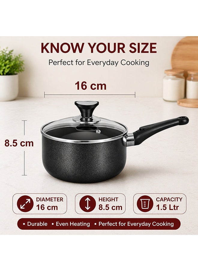 SONEX Non-Stick Royal Saucepan – 16 cm (1.5 Ltr) – Premium Aluminum, Tempered Glass Lid, Heat-Resistant Bakelite Handle & Knob, Hard Enamel Exterior, Durable & Dishwasher Safe - Image 3